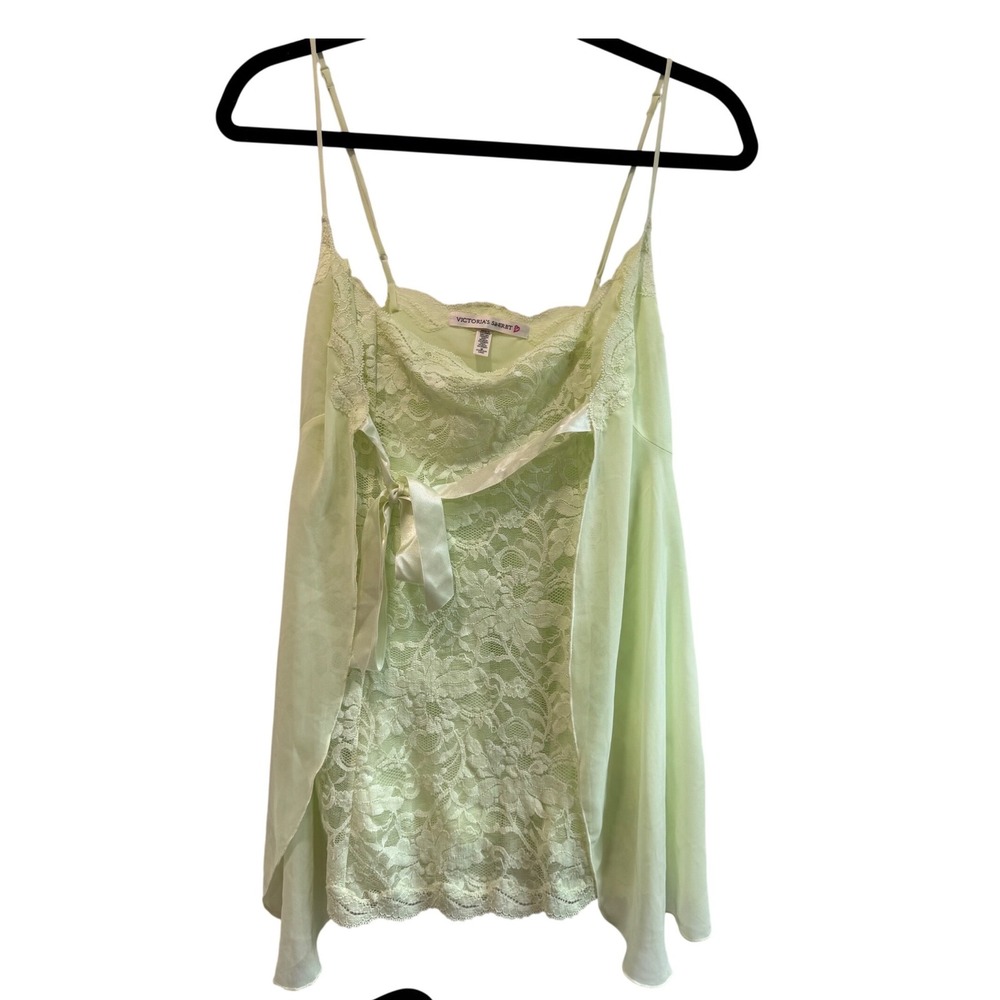 Victorias Secret Neon Green Lace Sheer Babydoll Camisole Top Ribbon Tie Medium